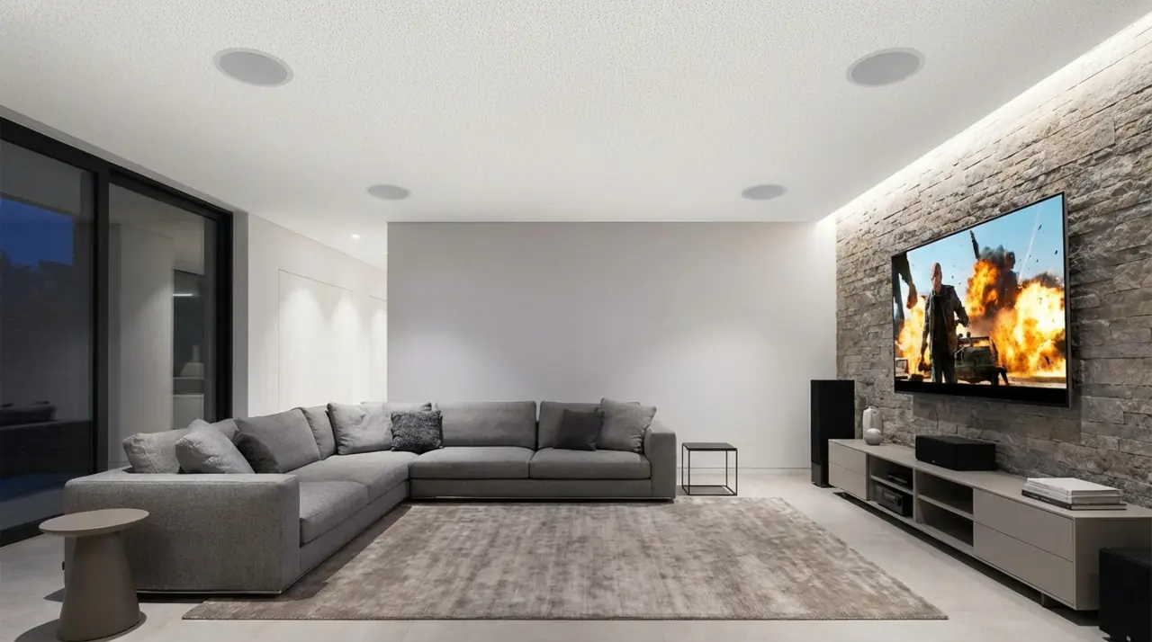 Sala residencial com sistema de som ambiente e home theater integrado