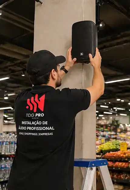 Técnico da TDG Pro Audio instalando sistema de áudio profissional em ambiente comercial