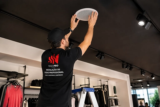Técnico da TDG Pro Audio realizando instalação de áudio no teto de uma loja