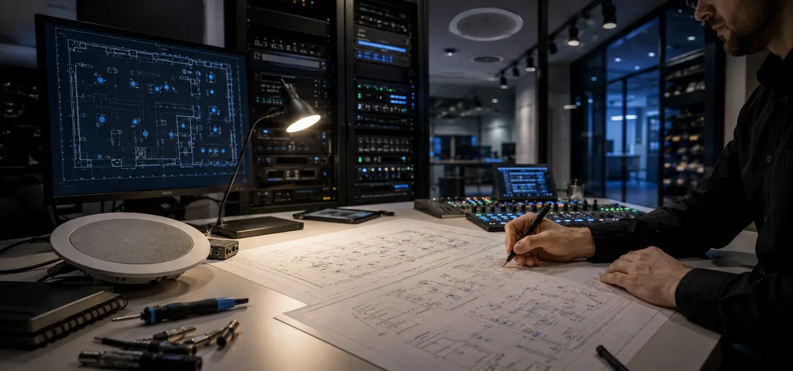 Engenheiro de áudio detalhando o projeto técnico sobre a planta da loja, com rack e caixas de teto ao fundo