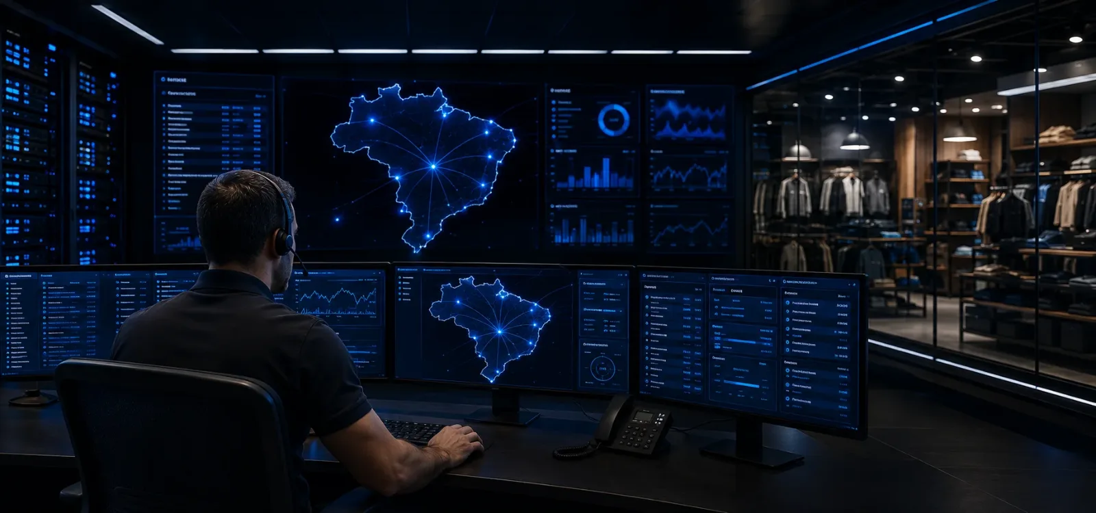 Central de monitoramento acompanhando as unidades da rede durante a modernização dos sistemas de áudio