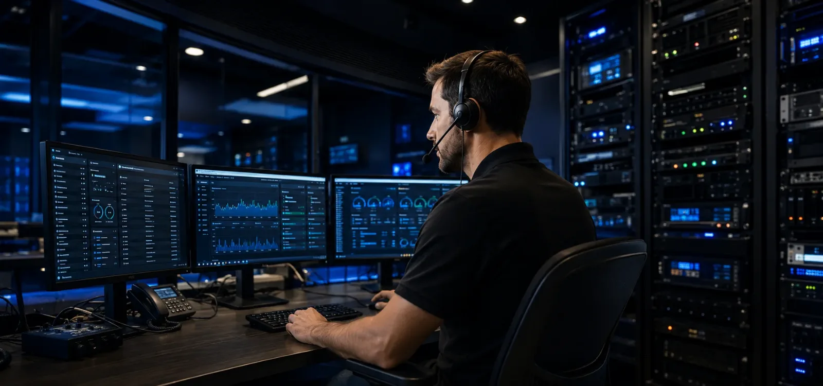 Analista da central de atendimento técnico monitorando os sistemas de áudio da rede